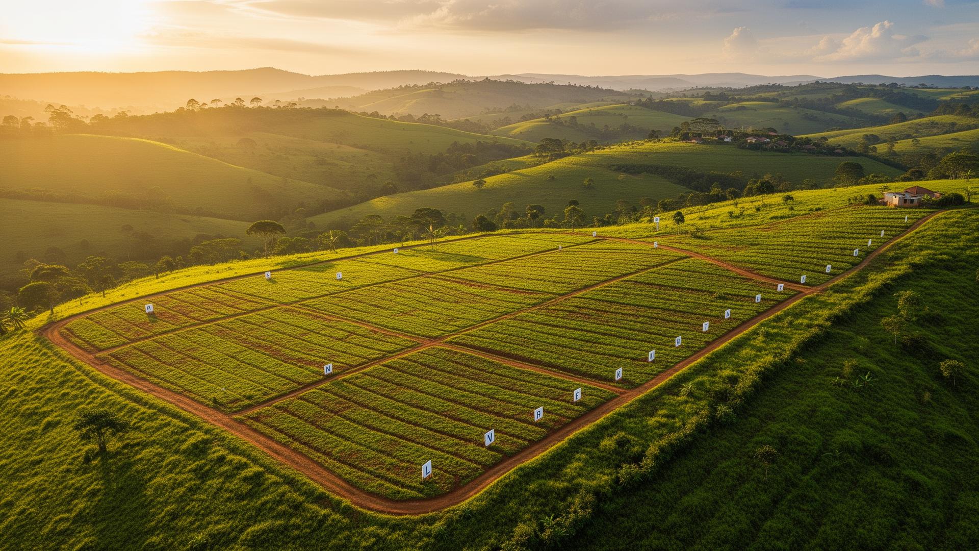 Surveyed land plots in Uganda at sunset